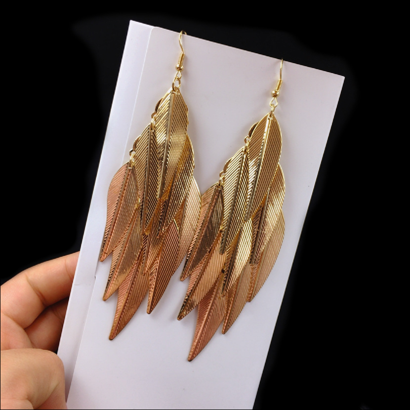 时尚韩国网红个性巴洛克金色树叶长款潮人无耳洞耳夹耳环耳坠耳饰