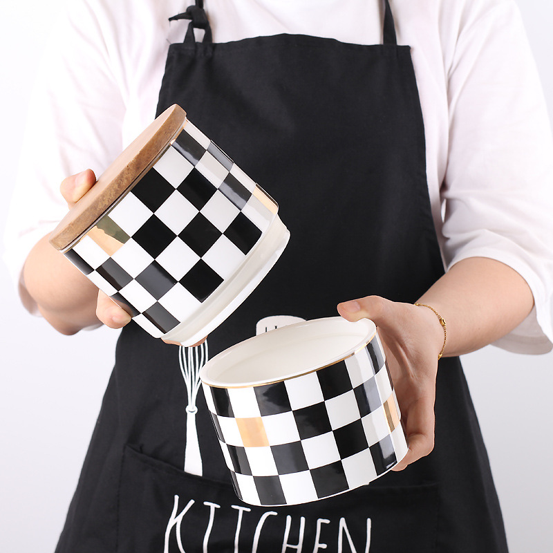 Nórdico creativo patrón geométrico de tres capas de cerámica sellada frasco de almacenamiento de té de café de grano múltiple