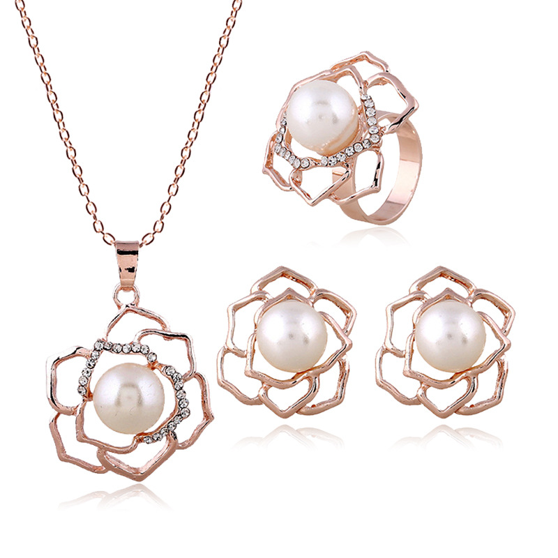 新娘首饰玫瑰花珍珠项链耳环套装饰品山茶花戒指三件套欧美女式|ms