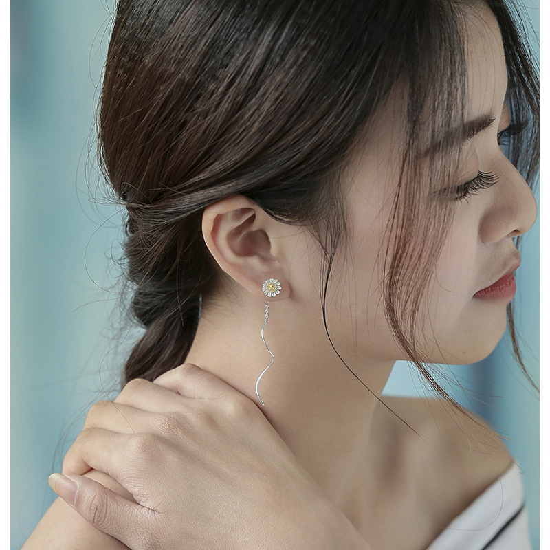 925 pendientes de plata esterlina estilo coreano de moda fresca Margarita pendientes elegantes de las mujeres pendientes largos pendientes