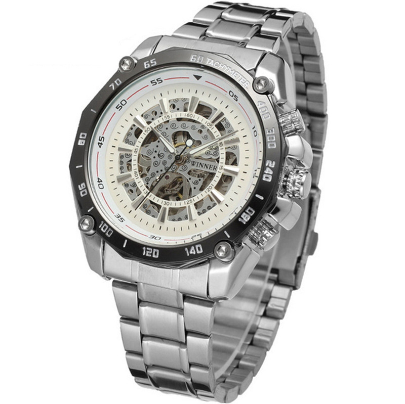 Venta caliente de los hombres de T-WINNER427 casual reloj mecánico automático hueco-fuera de la correa de acero inferior transparente reloj de negocios mecánico