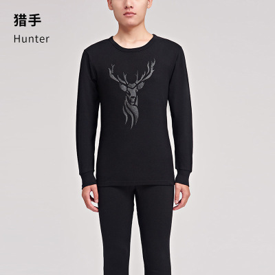 批发南极人保暖内衣男纯棉薄款圆领秋衣秋裤男士印花青年棉毛套装