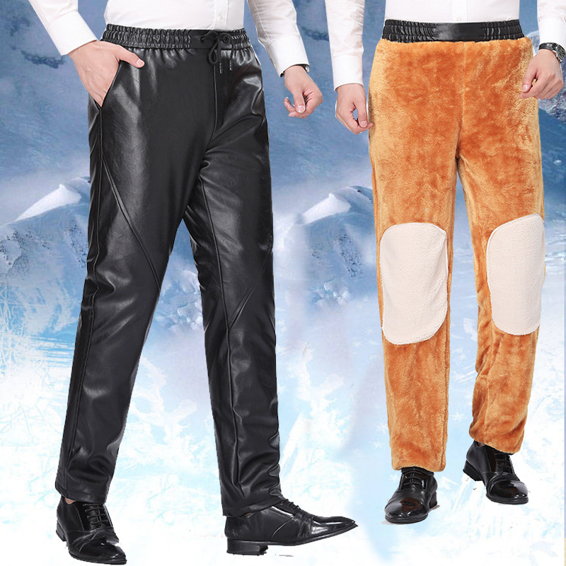 winter Middle and old age man Leather pants Plush thickening waterproof keep warm motorcycle locomotive Easy Leather pants Large