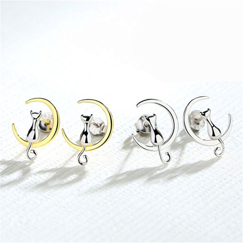 Korean style fashion moon cat earrings for women, temperament and personality 925 non-allergenic earrings, cute cat accessories earrings