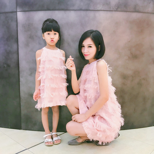 Parent-child summer clothing  new mother-daughter clothing tassel skirt Korean style princess skirt Western style long-sleeved girl dress