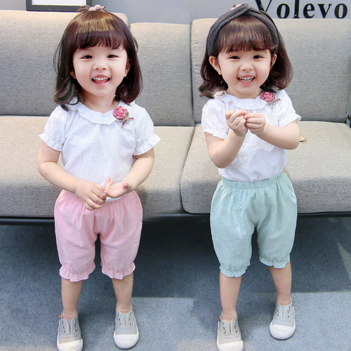 0-4岁韩版棉麻花边可爱公主童纯棉套装 夏2019女童短袖短裤两件套