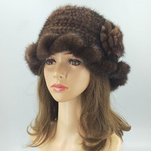 新款韓版水貂毛編織帽子雙面加厚保暖冬時尚可愛女士花朵平頂禮帽