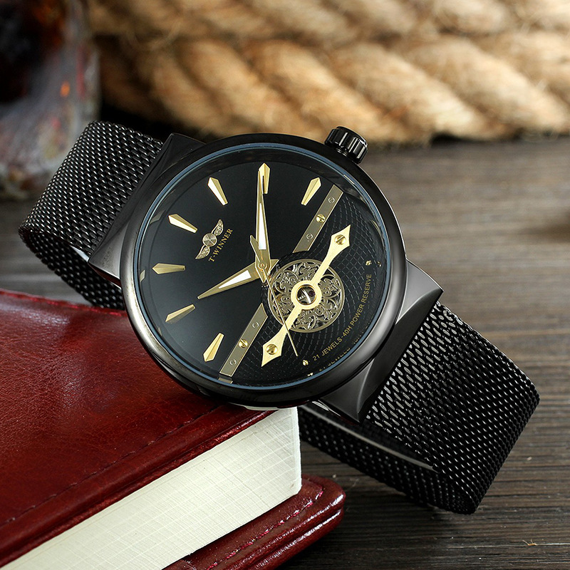 Winner-162G hombres de negocios reloj mecánico automático casual correa de acero máquina transparente inferior reloj mecánico
