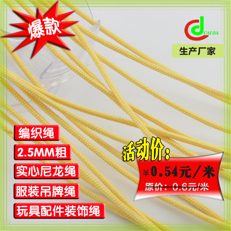 厂家产  2.5MM粗黄色尼龙编织POY绳  包芯圆装饰绳子条  配件绳子