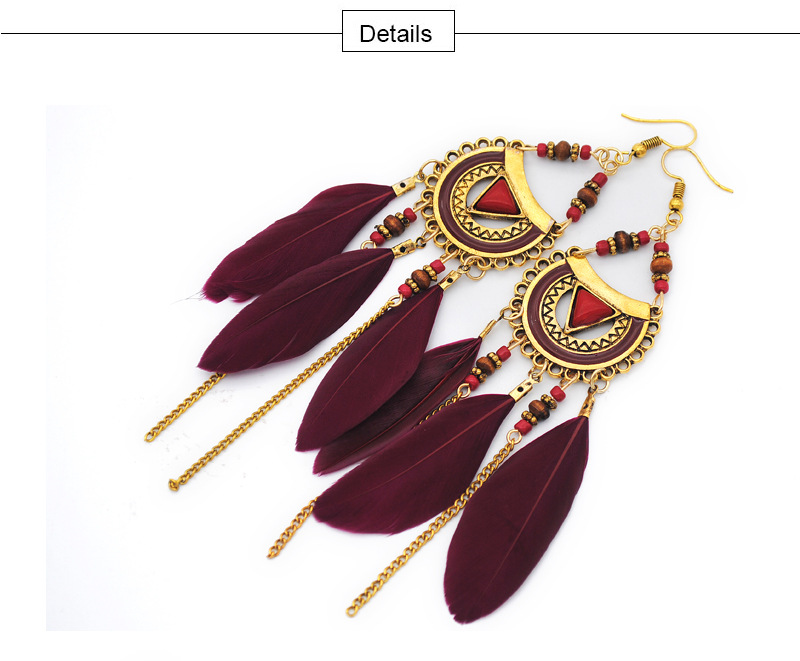 1 Pair Retro Feather Alloy Beaded Tassel Plating Artificial Gemstones Women's Drop Earrings display picture 5