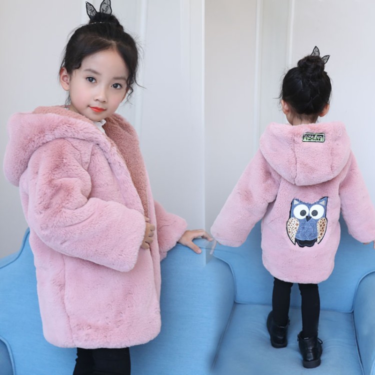 Girls wool sweater 2019 winter Korean Edition Fur imitation coat Kids Mid length version Plush thickening keep warm overcoat