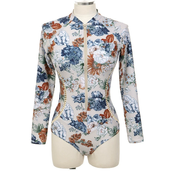Лонгслив с молнией, купальник, солнечная защита, цветочный принт, slim fit