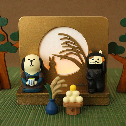 Cat Moon Viewing Mini Scene Ornament Rice Cake Rabbit Ninja Cat Dog Samurai Ornament
