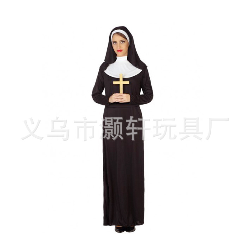 Halloween negro poliéster algodón bufanda rendimiento traje sacerdote Cruz tocado conjunto de tres piezas