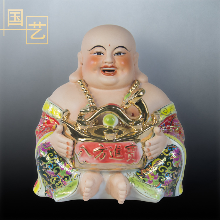 厂家直销  珐琅彩坐地抱宝笑佛 手彩如意佛  陶瓷佛像