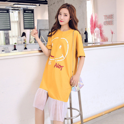 夏装2018新款下摆网纱接拼孕妇连衣裙韩版孕妇装潮妈|ru