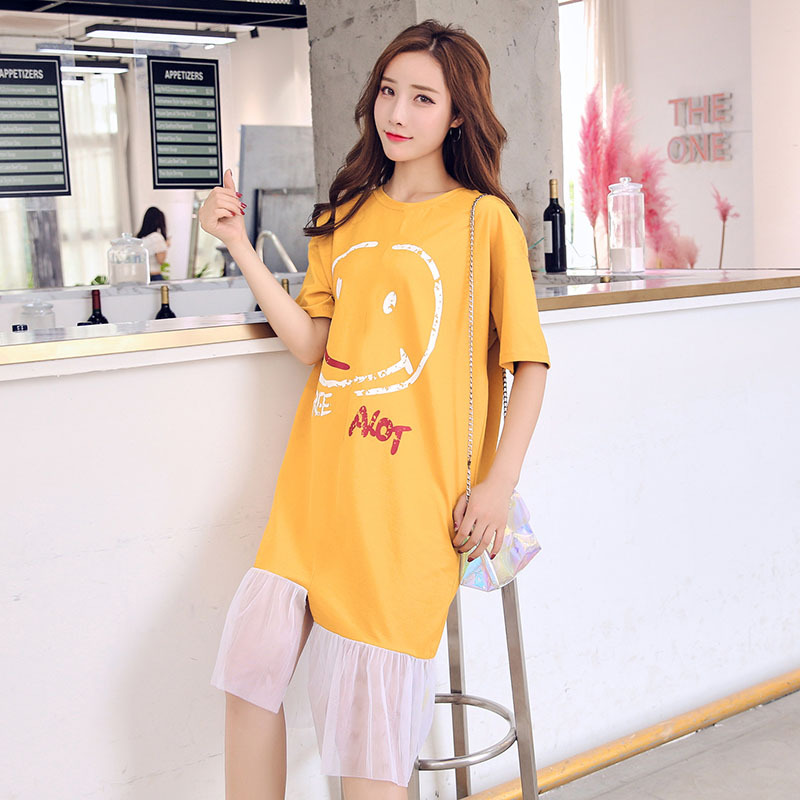 夏装2018新款下摆网纱接拼孕妇连衣裙韩版孕妇装潮妈|ru