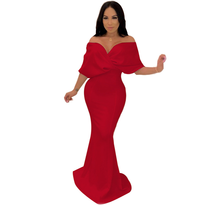 Sexy Wrapped Chest Off-Shoulder Mopping Fishtail Dress NSMYF99999