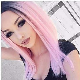 欧美外贸款 黑粉渐变色女士 波波短直发 Ombre Pink Wigs cos假发