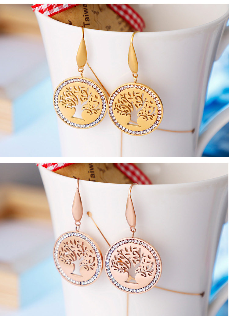 New Round Diamond Tree Of Life Stainless Steel Earrings Wholesale Nihaojewelry display picture 3