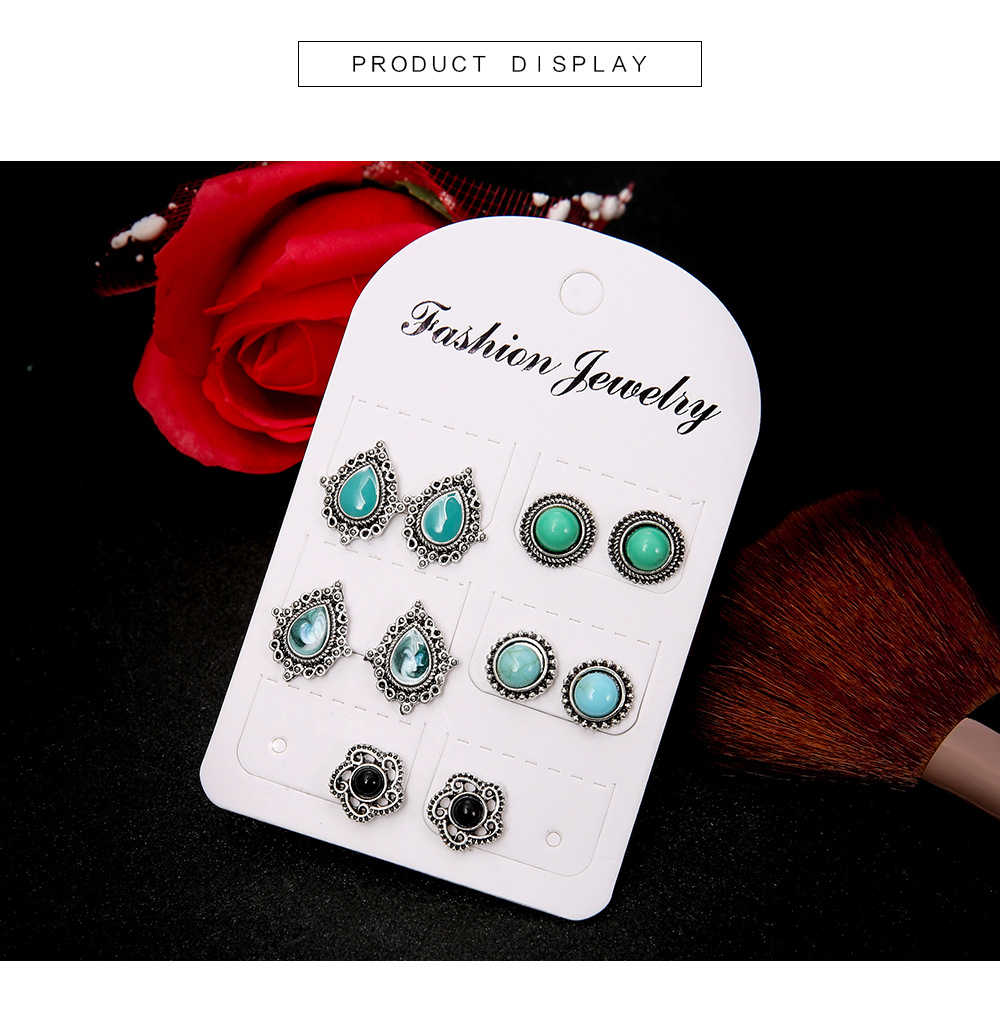 New 5 Pairs Set Earrings European And American Fashion Retro Dazzling Turquoise Gem Earrings Set display picture 5