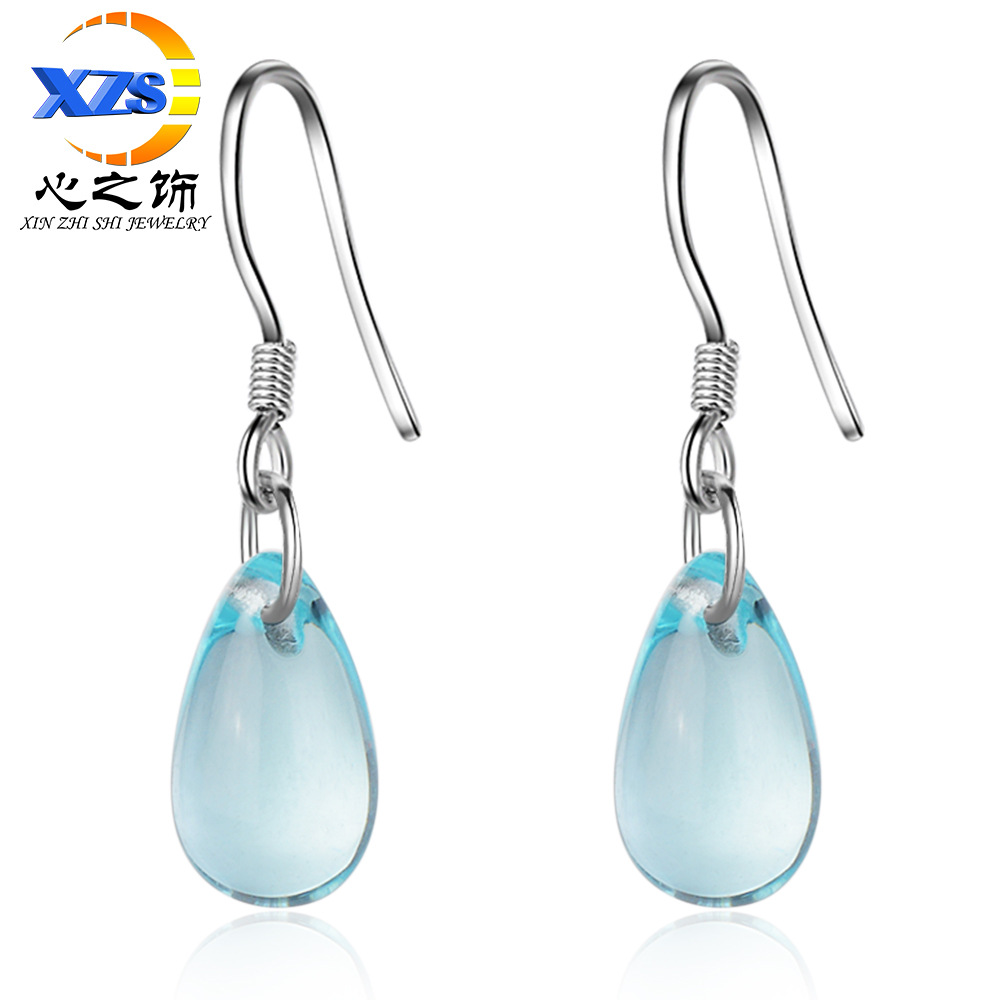 耳环女韩版时尚文艺蓝色水晶水滴形耳坠气质短款耳饰品耳环