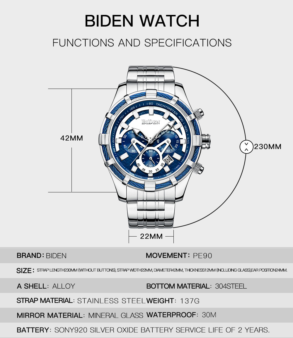 New Watch BIDEN Men's Watch Cool, Sports, Trendy, and Fashionable Steel Band Multi Functional Six Needle Quartz Watch_voghion.com
