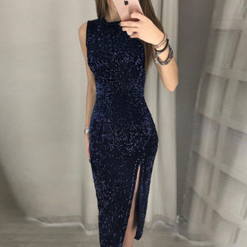 Sleeveless Crew Neck All Over Sequin Midi Dress, Velvet Base High Side Split Asymmetrical Hem Bodycon Cocktail Party Dress 4 Colors_ecoleips.com