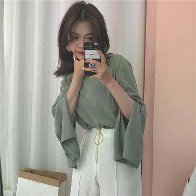 Lv Er Actual Shot ~Korean temperament, pure color, wide sleeve, open-forked, round collar and long sleeve T-shirt jacket a1017