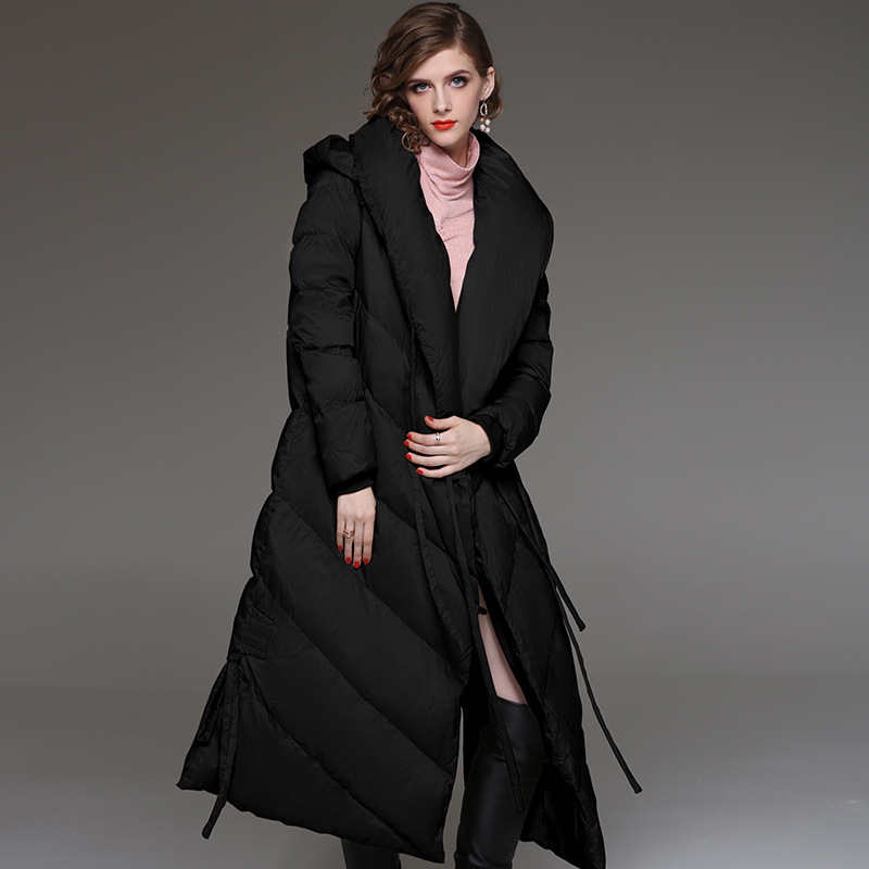 European And American Winter Loose White Duck Down Long Hooded Down Jacket Women's Long Sleeve Warm Jacket Simple Women's Clothing