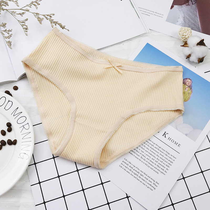 纯棉内裤女罗纹全棉纯色低腰底裤 日系无痕蝴蝶结性感透气内裤女