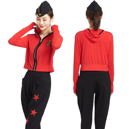 Spring new sailor dance short coat long-sleeved hooded square dance team performance clothing small cardigan anti-tank shirt