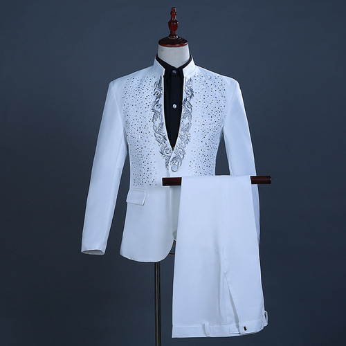 men's jazz dance suit blazers Men hot embossed and diamond stand collar suit for meeting person singer stage dress evening dress