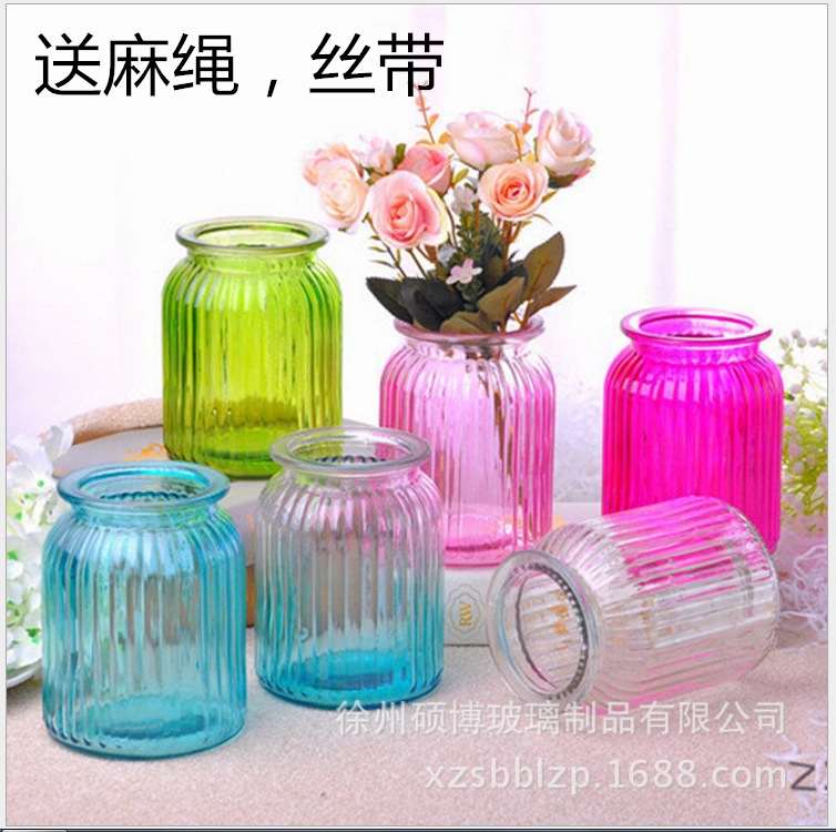 直销竖纹玻璃紫色花瓶 大口径大肚子干花鲜花玻璃花瓶