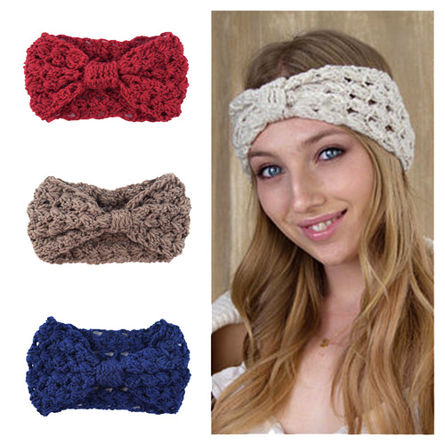 Elegant European and American Knitted Lace Bow Hair Ties Ear Warmers Handmade Braided Headbands Winter Warm Head Accessories