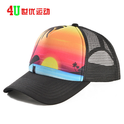 外贸新款网帽旅游度假风印刷扎染LOGO弯沿网帽亲子款儿童沙滩帽子