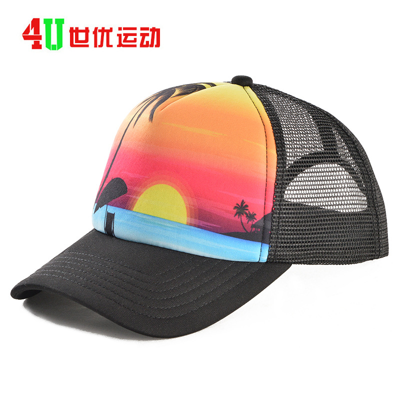 外贸新款网帽旅游度假风印刷扎染LOGO弯沿网帽亲子款儿童沙滩帽子