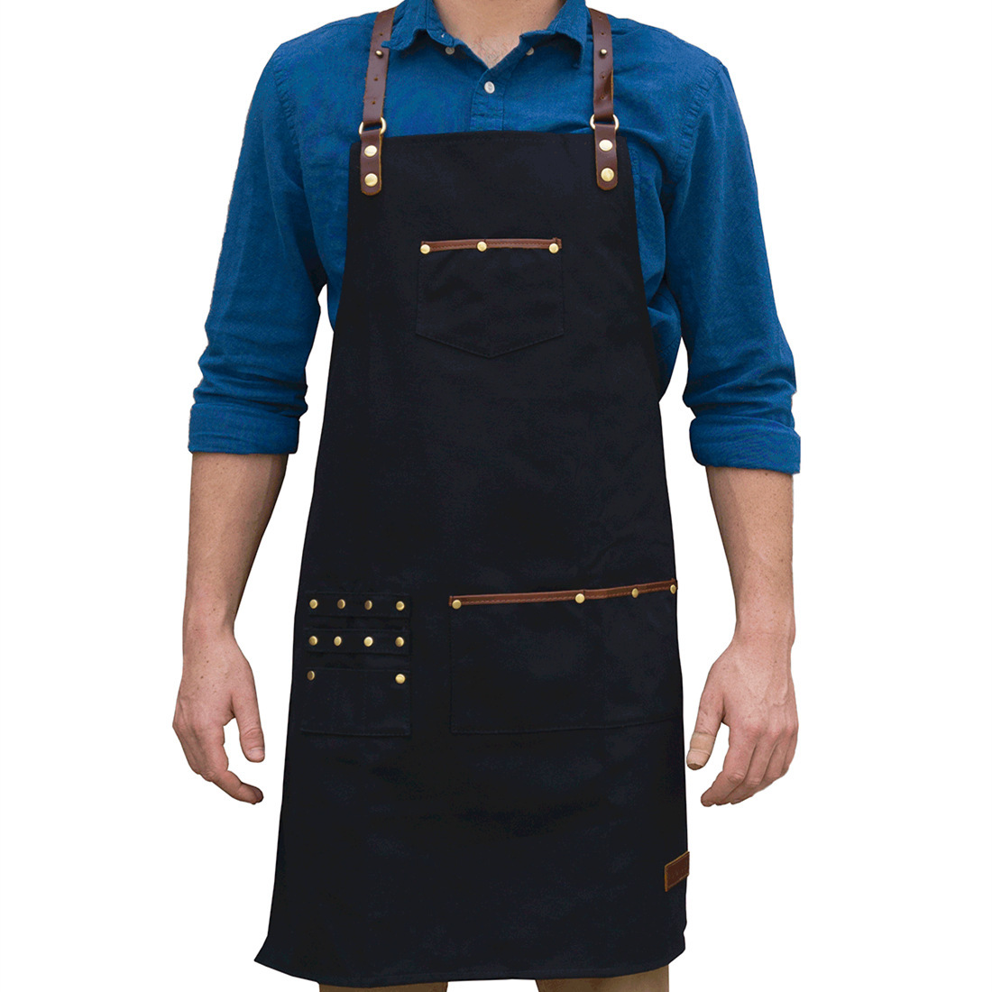 專業(yè)理發(fā)帆布工作圍裙圍裙真皮頸帶和腰帶可定制LOGO