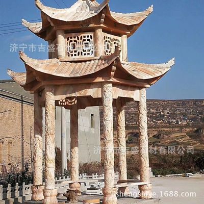 花岗雕凉亭 晚霞红石雕双层亭子  景区乘凉石亭子|ru