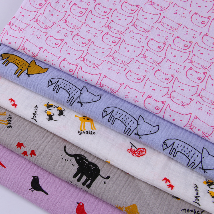 印花全棉雙層绉布卡通動物純棉雙層紗布肌理皺棉布家居服女裝面料