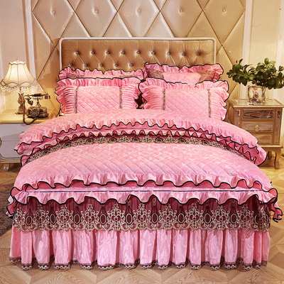 夹棉加厚天鹅绒床裙四件套欧式宫廷短毛绒保暖加绒婚庆双人床被套