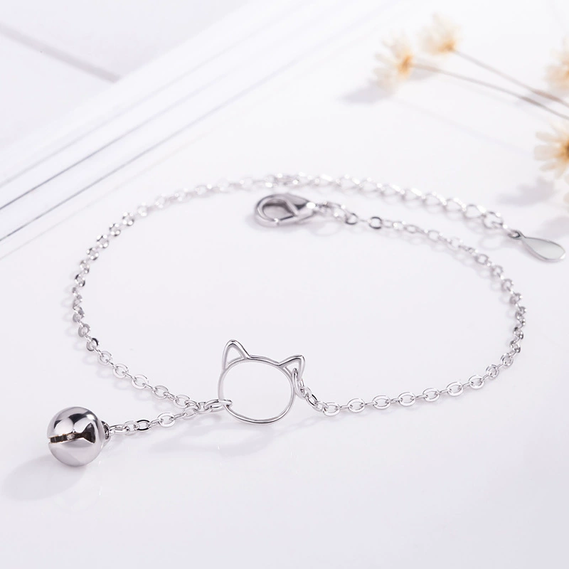 Bracelet (Emei) Cat charm with bell, Korean minimalist silver bracelet, simple student gift