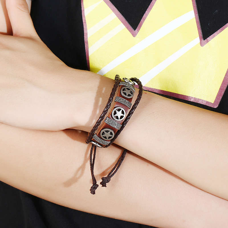 Jewelry Alloy Pentagram Leather Bracelet Braided Ancient Silver Cross Leather Bracelet