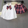 Girls’ suit Korean solid color shirt + Plaid pleated skirt two piece set