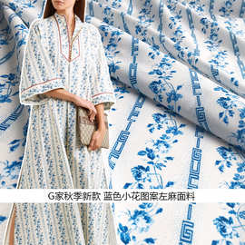 2018新款 G家秋季新款蓝色小花图案 左麻面料 数码印花厂家直销