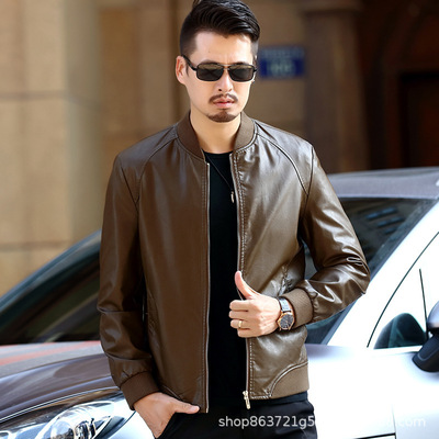 高品質春秋男士休閑皮夾克羅紋領pu皮夾克批發男士皮夾克機車皮衣