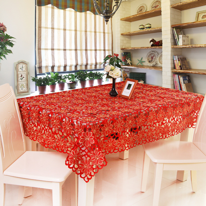 喜庆台布 欧式古典绣花桌巾 红色长方形餐桌桌布批发