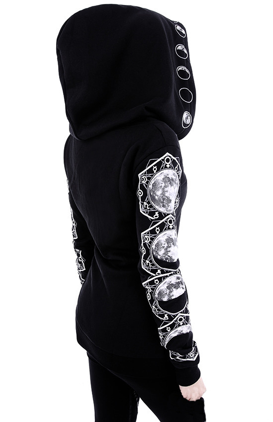 Punk Peng Hooded Moon Print Black Long Sleeve Sweatshirt_voghion.com