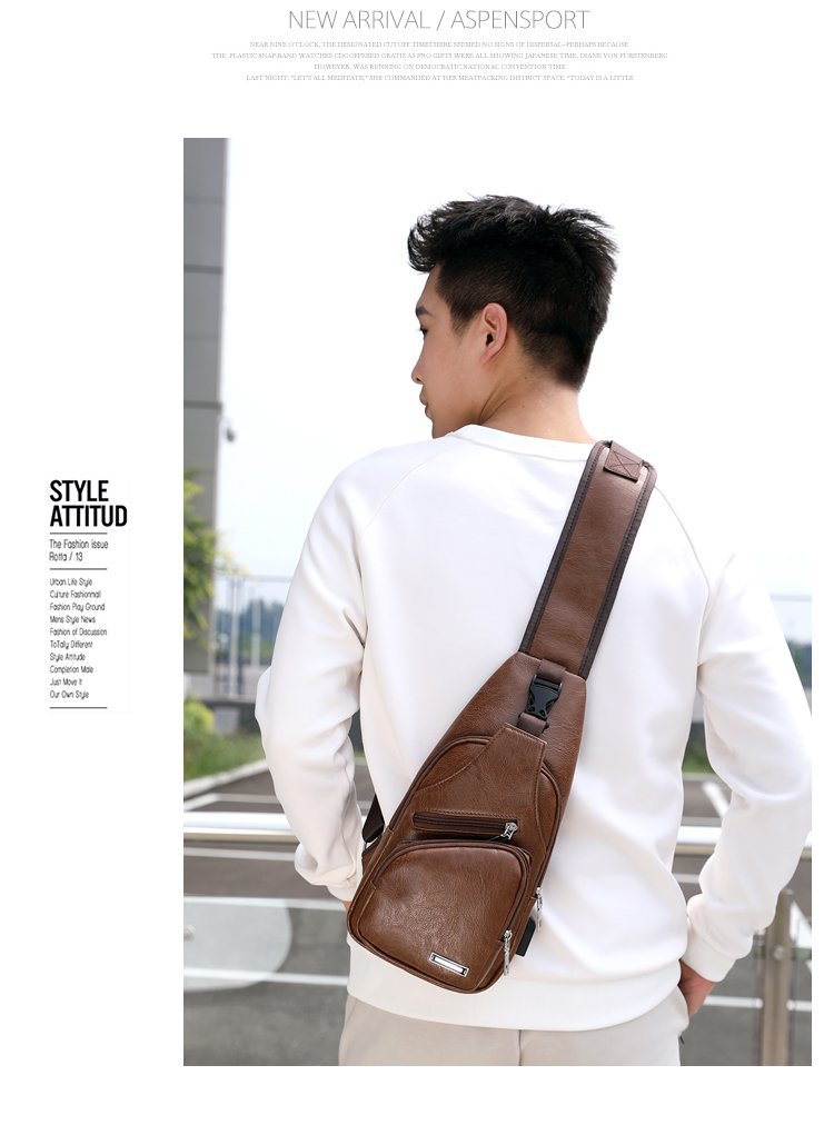 Cross -border explosion USB men's chest bag portable charging casual mesengers outdoor sports PU chest bag
