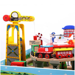 Wooden train track scene accessories, crane hoist lift engineering vehicle for boys, wooden toy